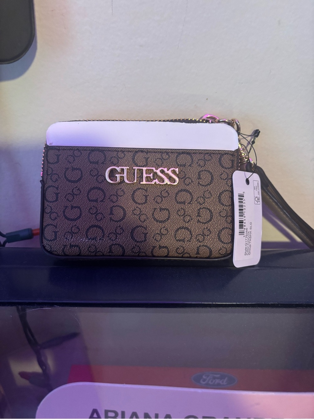 Guess Brown Monogram Wristlet with White Accent and Gold Logo